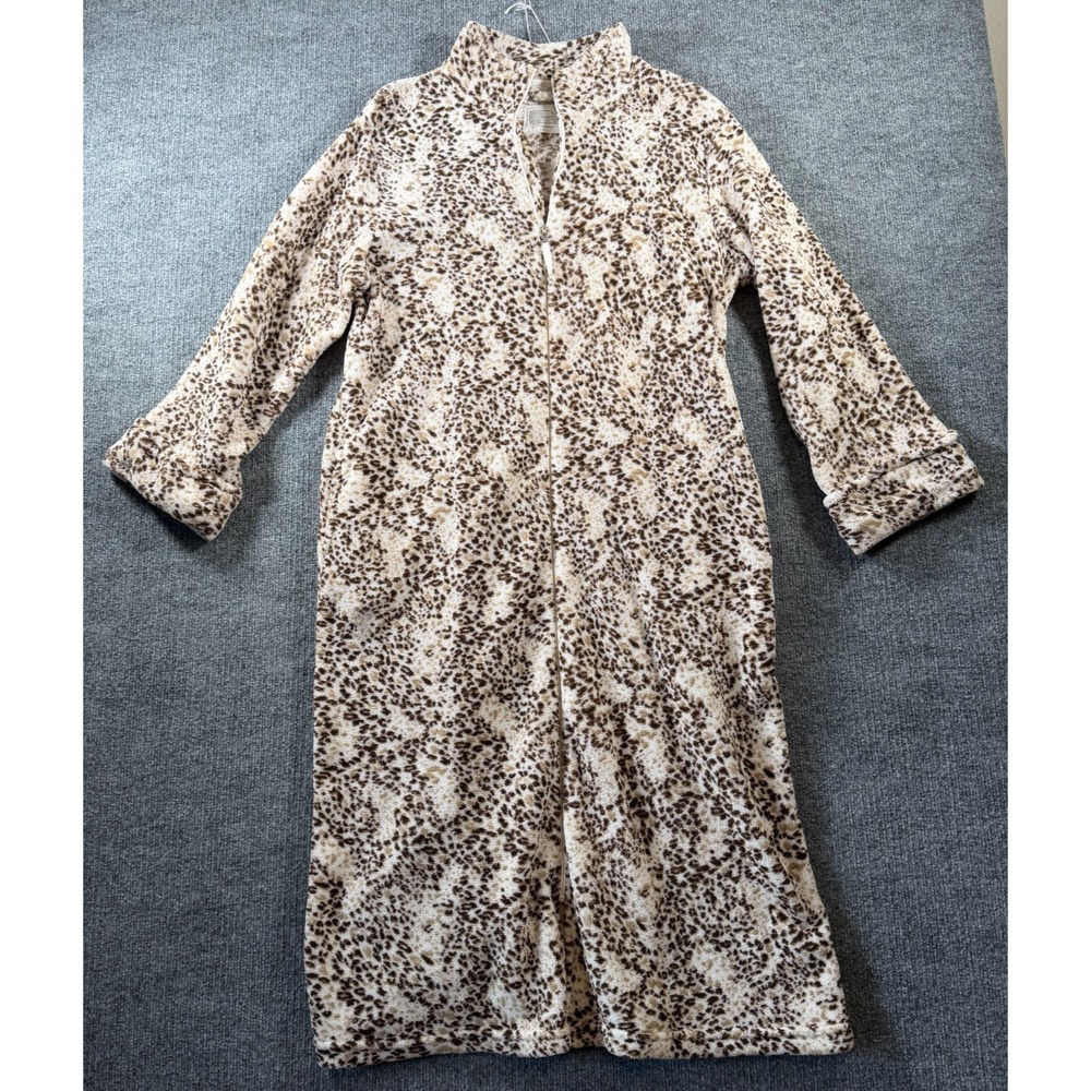 Oscar de la Renta Housecoat Robe Women L/XL Cheetah Full Zip Cozy Fleece Lounge
